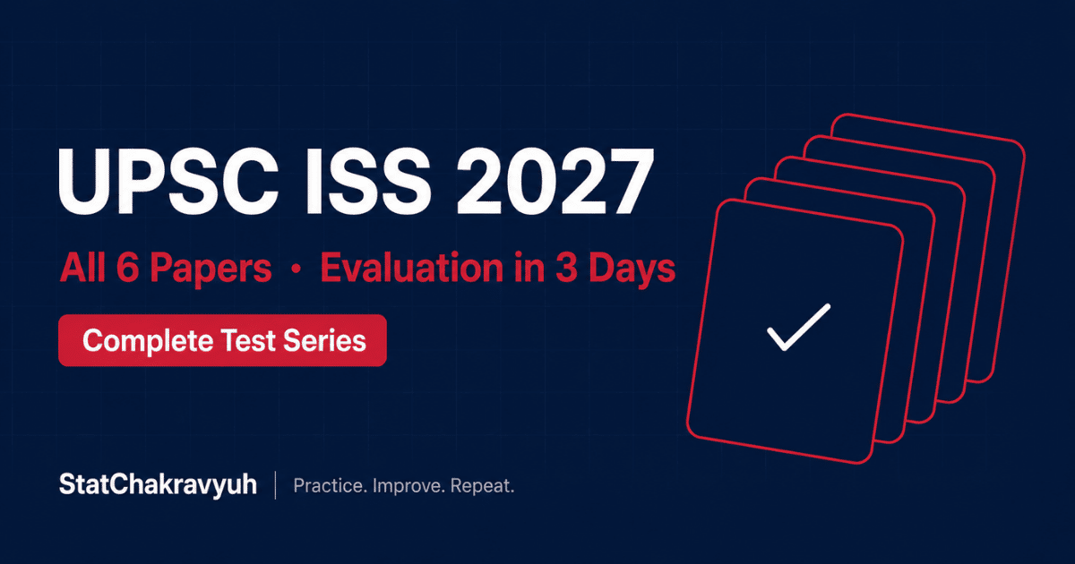 UPSC ISS test series 2027 banner with all 6 papers, 6000+ questions and descriptive answer evaluation within 3 days by StatChakravyuh