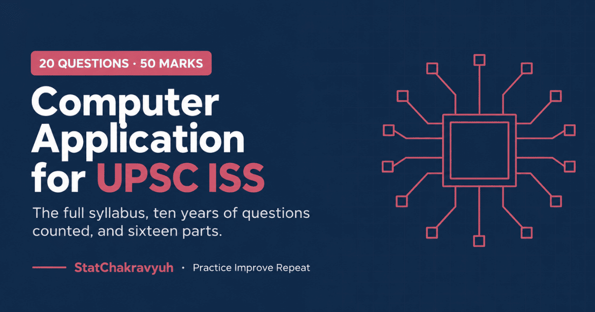 Computer Application for UPSC ISS banner showing a sixteen part series covering twenty questions and fifty marks in Statistics Paper I