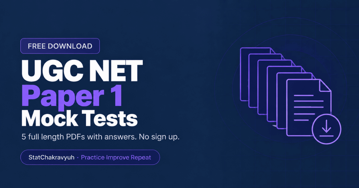 UGC NET Paper 1 mock test banner showing five free full length PDF downloads with answers