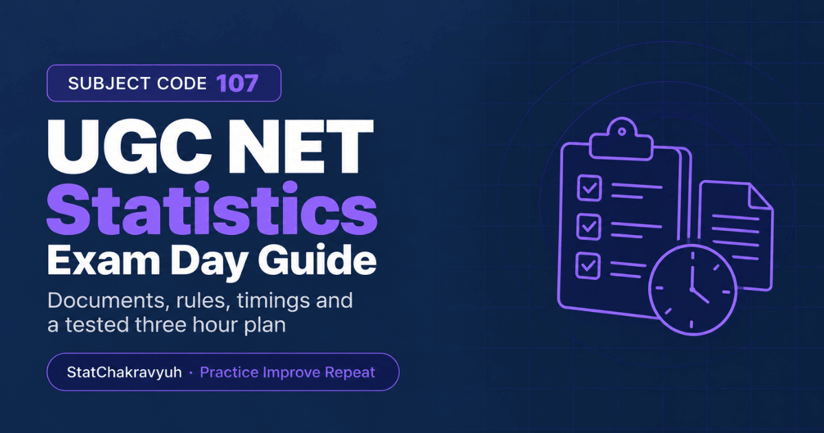 UGC NET Statistics exam day guide showing required documents, centre rules and time strategy