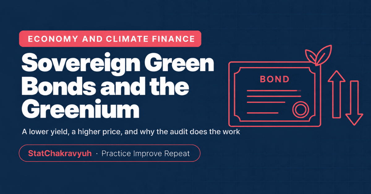 Sovereign green bonds banner showing price and yield moving in opposite directions for the UPSC ISS economy block